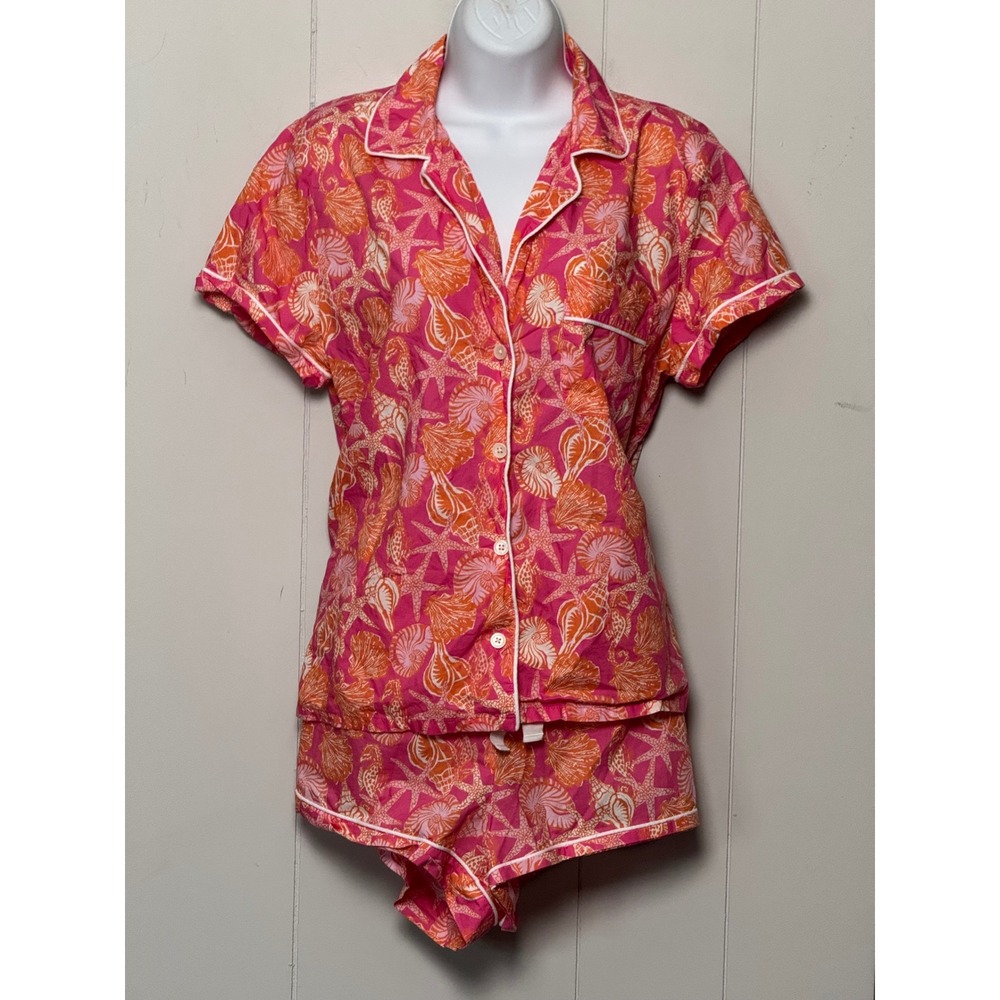J.Crew Women Pink Orange Shell Starfish Cotton Pajama Set Short Sleeve Sz Medium